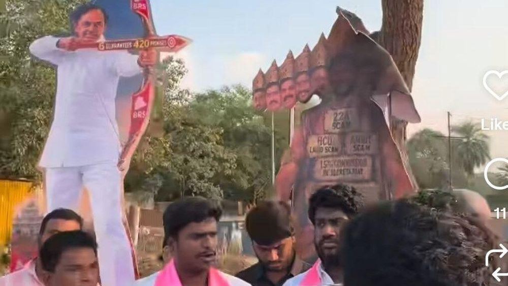 BRS and Congress Clash in Hyderabad Over Dussera Cutouts Depicting CM Revanth as Ravan