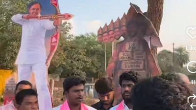 BRS and Congress Clash in Hyderabad Over Dussera Cutouts Depicting CM Revanth as Ravan